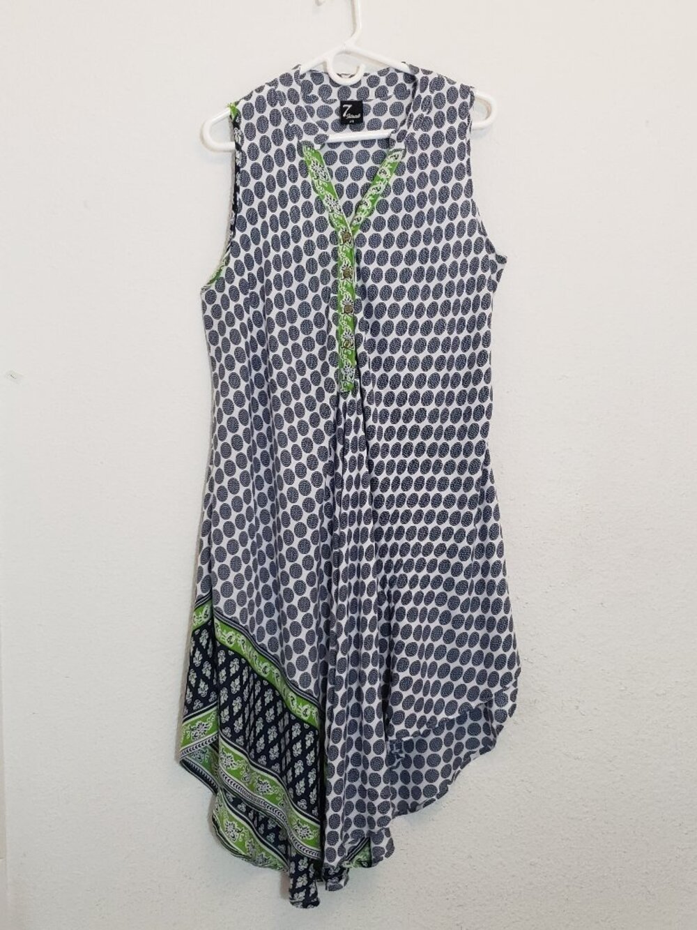 Seven Islands Dress 2X Flowy Handkerchief Hem Blue Green Multicolor Geometric